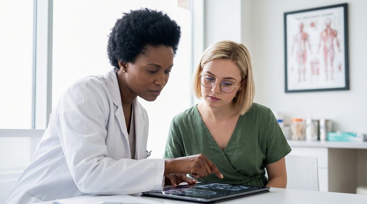 Professionnelle en blouse blanche montre un écran à une collègue en vert dans un cabinet médical Professionnelle en blouse blanche montre un écran à une collègue en vert dans un cabinet médical