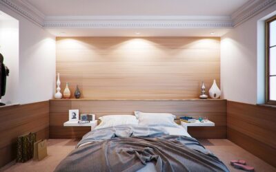 Chambre moderne avec lit, mur bois, étagères, lampes et statue