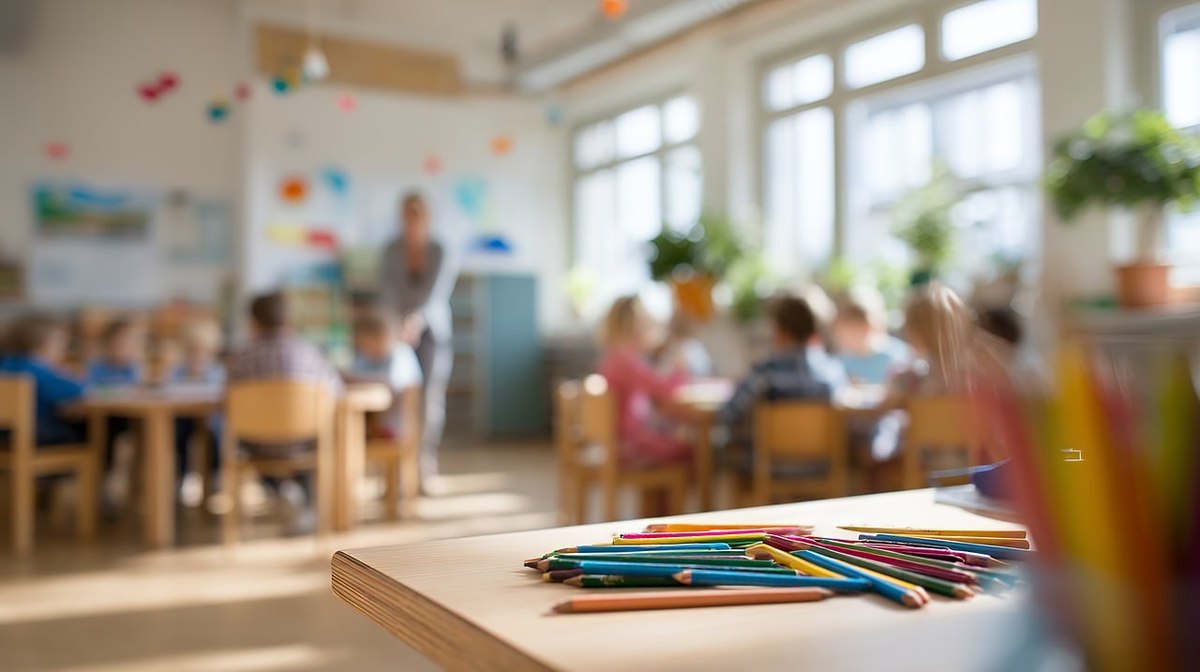 Une enseignante accroupie qui parle à un jeune élève dans une classe Une enseignante accroupie qui parle à un jeune élève dans une classe